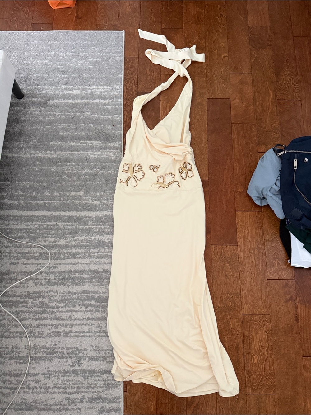 Peppermayo Cream Halter Maxi Dress with Floral Waist Embroidery